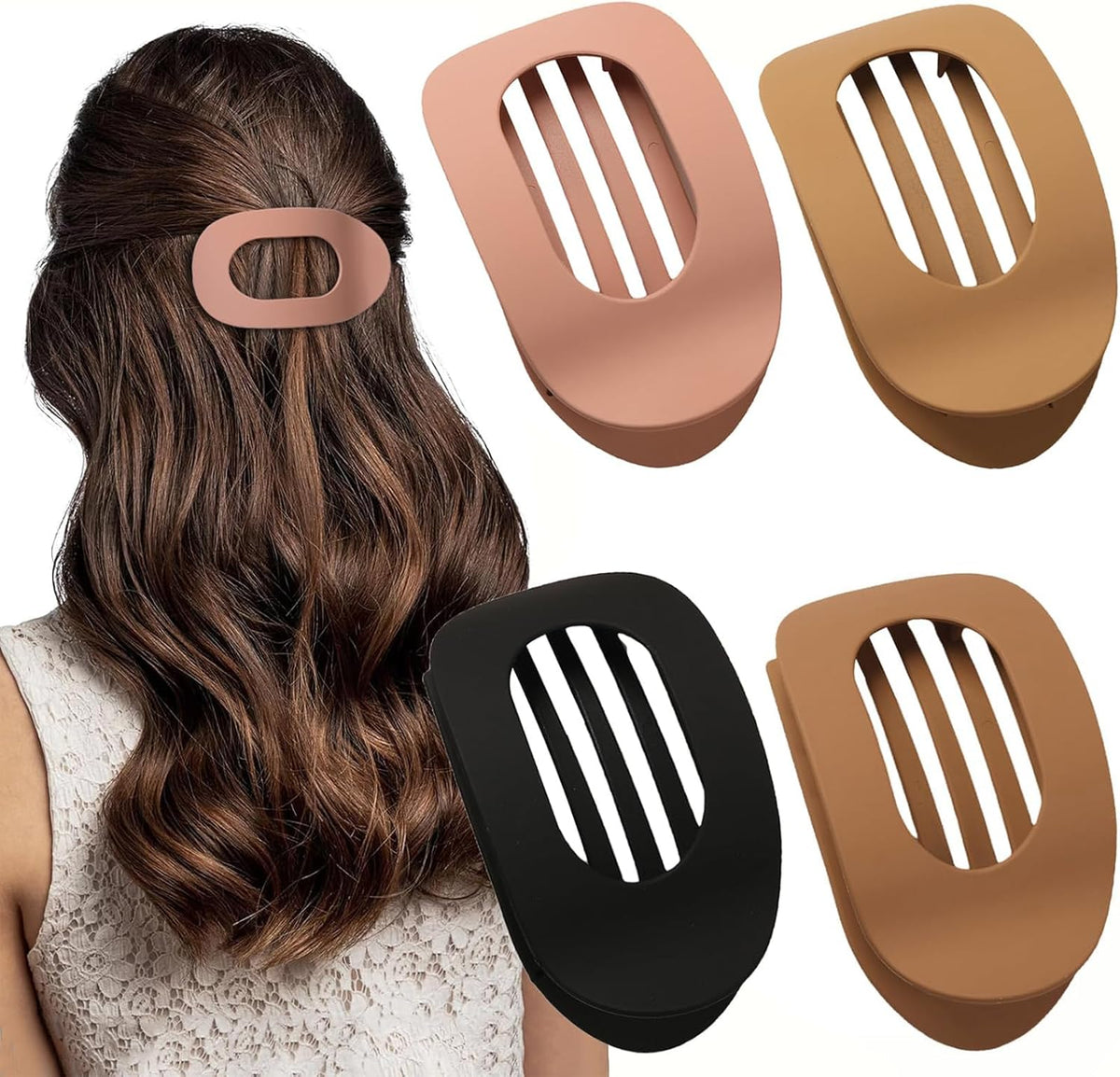 Set of 4 brown, matte, flat hair clips, flat clip for women, round lying hair clip for thick and thin hair, comfortable, curved flat clips