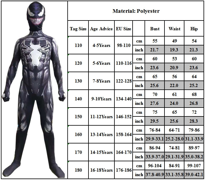Venom Superhero Costume Jumpsuit for Children Age 9-10 Years