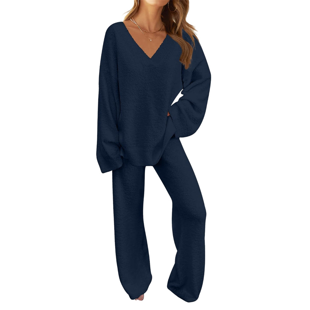 Fuzzy Wool Pajama Set Women's 2-Piece Long Sleeve Loungewear Black