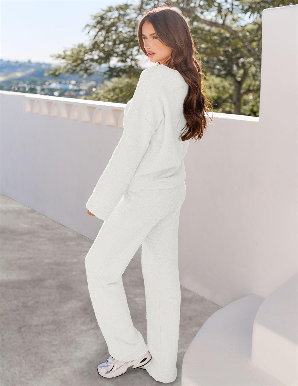 Fuzzy Wool Pajama Set Women's 2-Piece Long Sleeve Loungewear Black