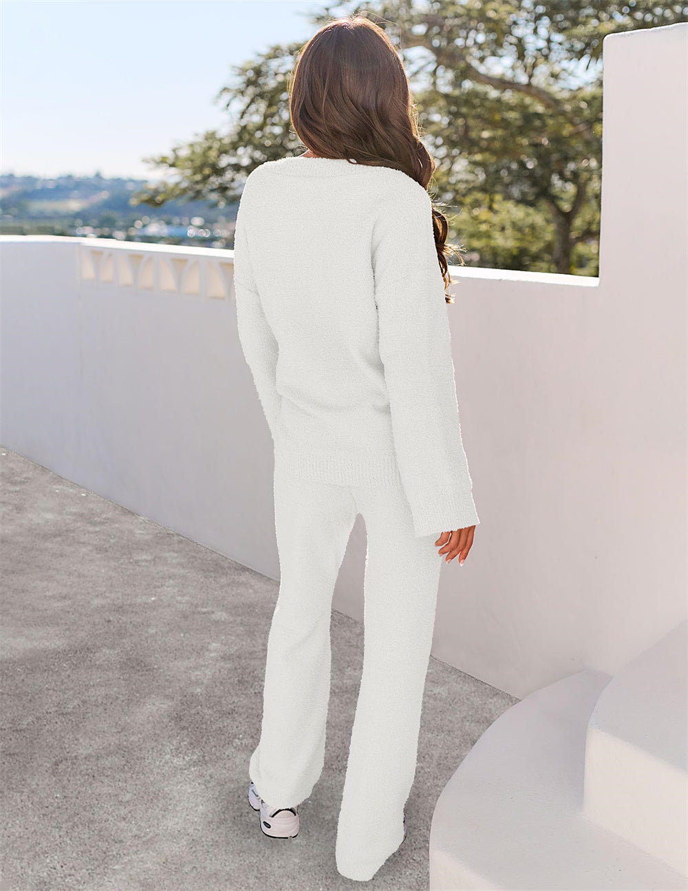 Fuzzy Wool Pajama Set Women's 2-Piece Long Sleeve Loungewear Black