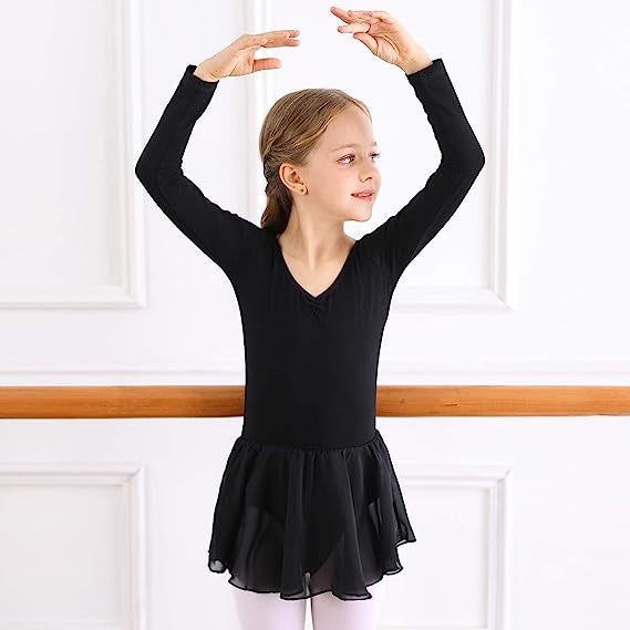 Black Ballet Dress for Girls with Long Sleeves Tulle Skirt Size 130 cm
