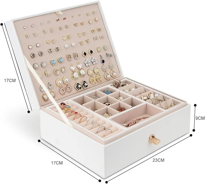 Jewelry Box Organizer for Necklaces, Earrings, Bracelets, Rings, Large PU Leather Jewelry Box with 3 Stackable Layers (White)