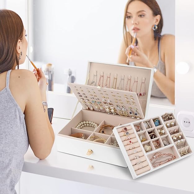 Jewelry Box Organizer for Necklaces, Earrings, Bracelets, Rings, Large PU Leather Jewelry Box with 3 Stackable Layers (White)