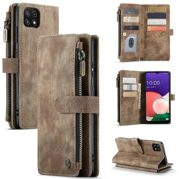 Compatible with Samsung Galaxy A22 5G Case Wallet with Magnetic Flip Zipper and Card Holder - Brown