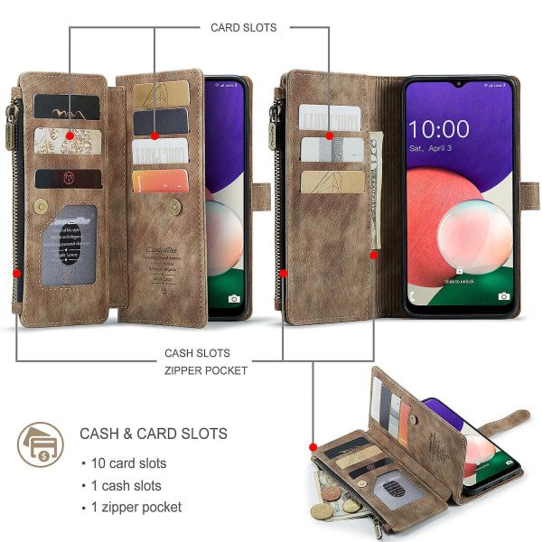 Compatible with Samsung Galaxy A22 5G Case Wallet with Magnetic Flip Zipper and Card Holder - Brown