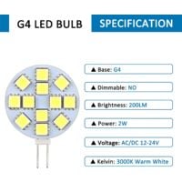 G4 LED Bulb 2W 12-24V Warm White 3000K 200LM Non-Dimmable 12x5050 SMD for Cabinets Compatible with Phillips Oral-B Braun