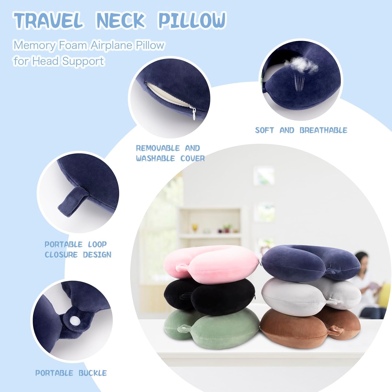 Travel Pillow Neck Pillow Memory Foam Travel Pillows Head Support Pillow for Airplane Train Car Office Travel Essential Flight Pillows for a Long Time Navy Blu Navy Blue One Size
