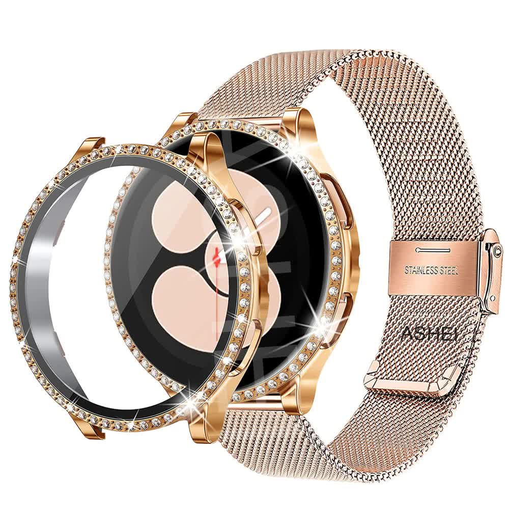 Compatible with Samsung Galaxy Watch 4 5 6 Bracelet Case 40mm 44mm Mesh Loop Stainless Steel Bracelet Bling Case Gold Set Galaxy Watch 5 44mm