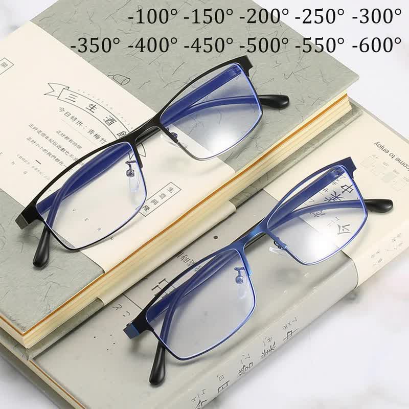 Anti-blue Light Myopia Glasses Ready-made Business Men Women Metal Square Glasses Diopter 0 -0.5 -1.0 -1.5 To -6.0 3