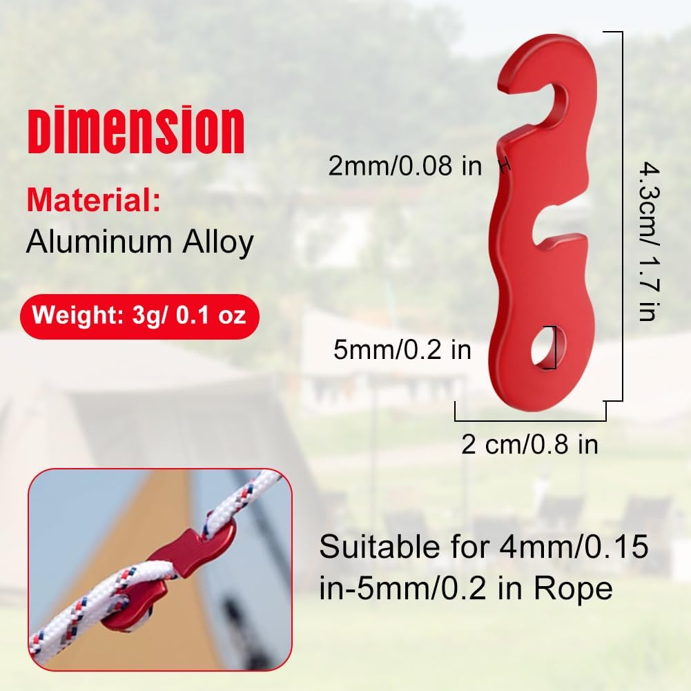 Rope Adjuster, 16pcs Aluminum Rope Tensioner, Tent Wind Rope Buckle, Rope Tensioner for Camping Hiking Backpacking Picnic Outdoor Tent Accessories 16 Pieces - Red Opening