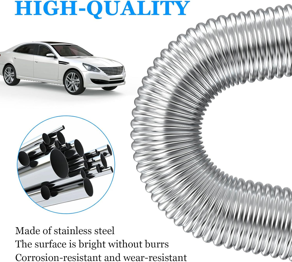 Stainless Steel Air Heater Hose 300cm Ø 2.5cm Exhaust Pipe with 2 Clamps for Parking Heater