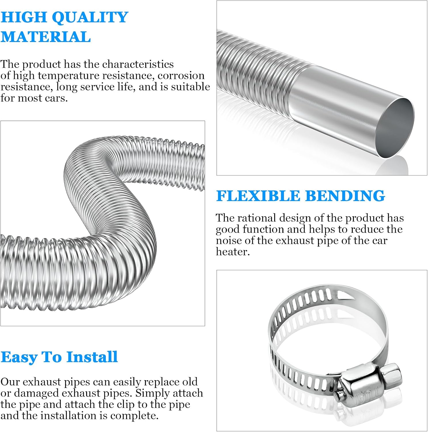 Stainless Steel Air Heater Hose 300cm Ø 2.5cm Exhaust Pipe with 2 Clamps for Parking Heater