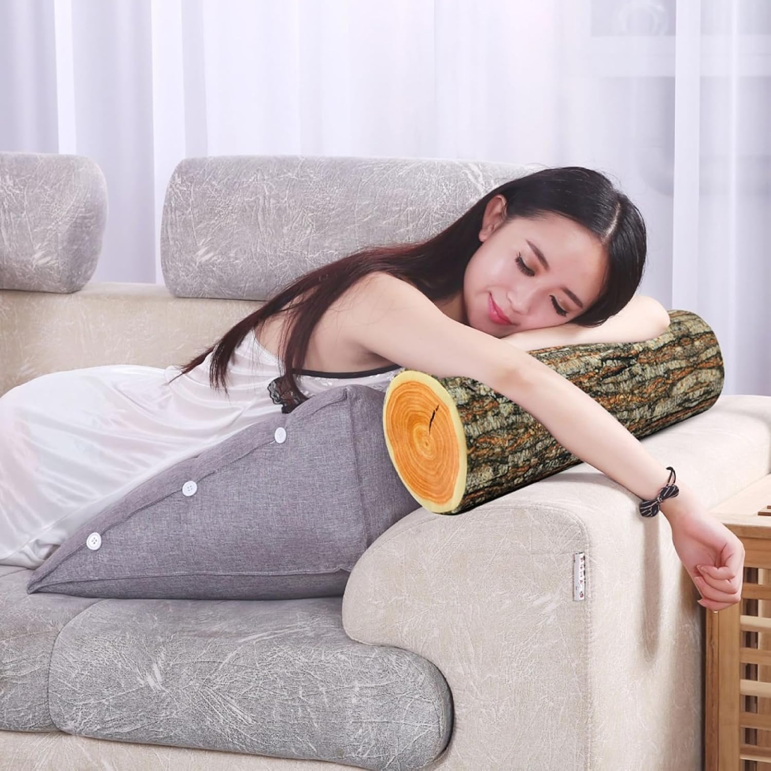 Log Cushion Round Stump Shaped Wood Grain Design Decorative Pillow Cover for Home Decor