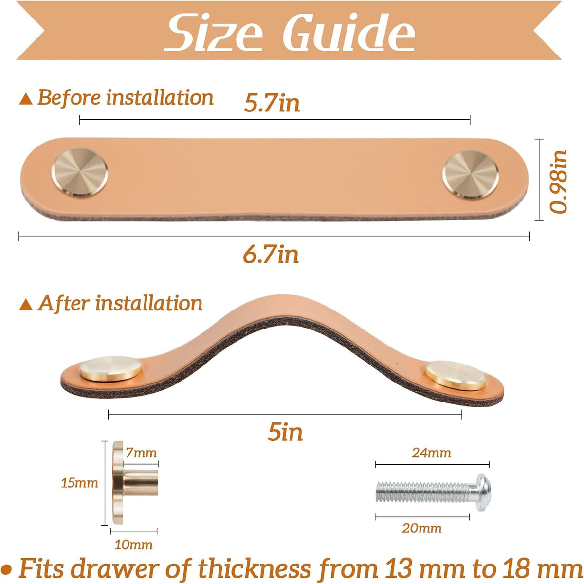 4 pcs Leather Furniture Handles, Cabinet Door Knobs in Leather, Drawer Handles, Vintage Furniture Handles for Cabinets, Dressers, Kitchens - Light Coffee, 128 mm