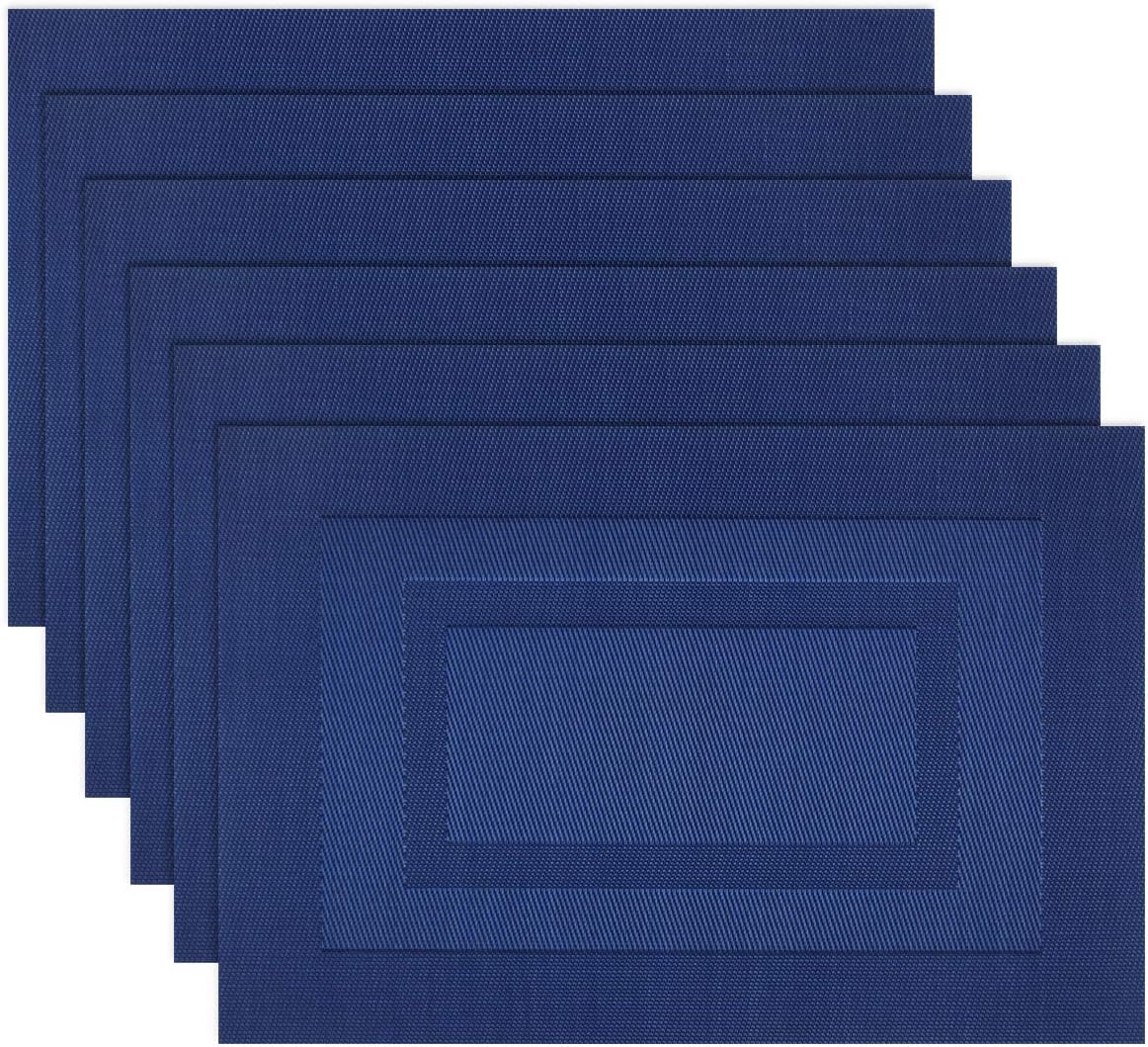 Placemats, Washable Woven Vinyl Placemats for Dining Tables, Easy to Clean Plastic Placemats Set of 6 (18 X12 Inch, Navy Blue)