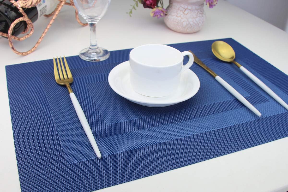 Placemats, Washable Woven Vinyl Placemats for Dining Tables, Easy to Clean Plastic Placemats Set of 6 (18 X12 Inch, Navy Blue)