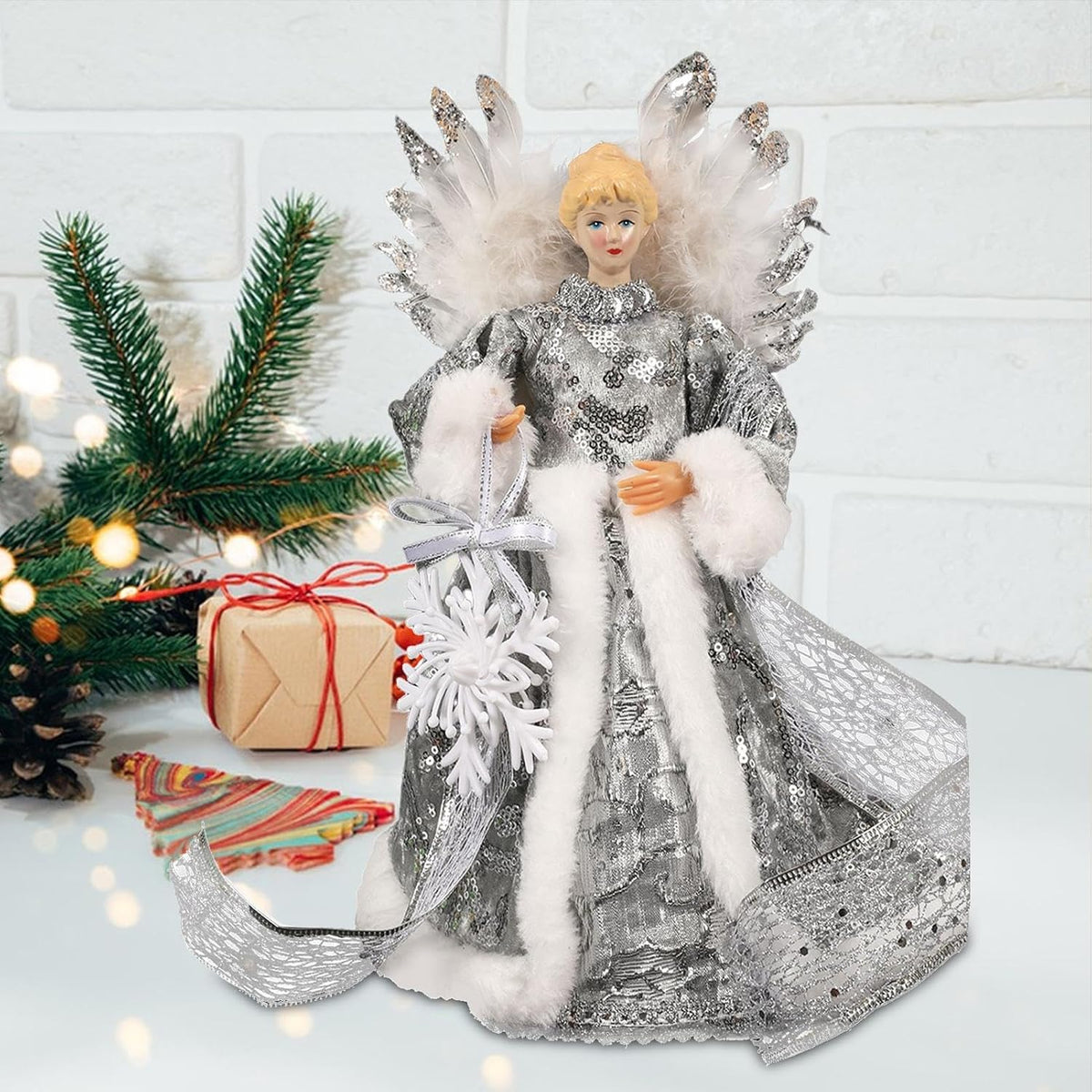 Christmas Tree Angel Tops with White Feather Wings Ornament