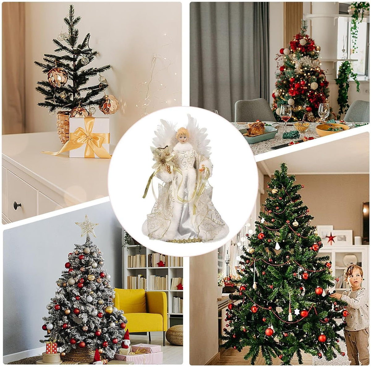 Christmas Tree Angel Tops with White Feather Wings Decorative Ornaments for Holiday Decor
