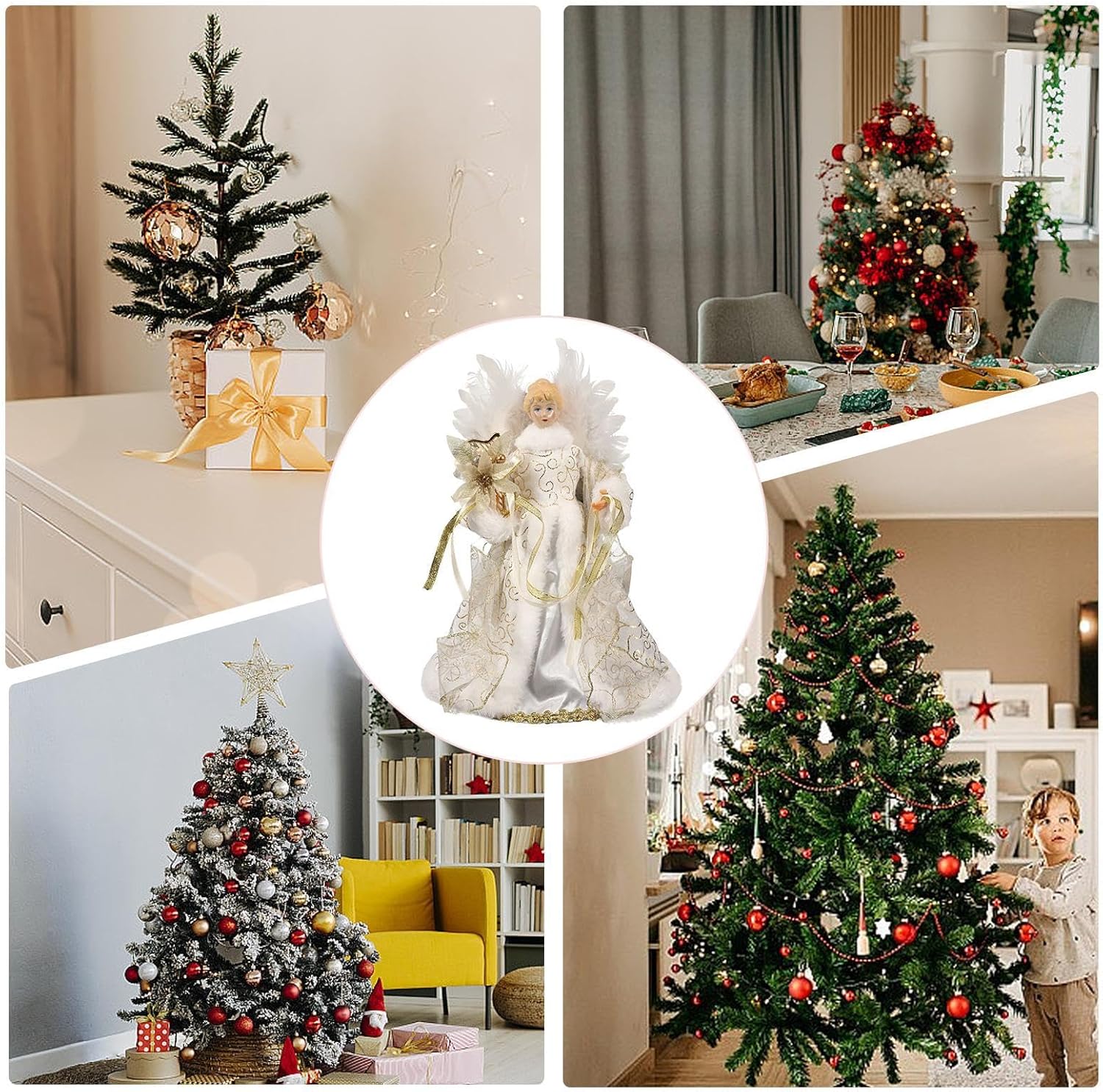 Christmas Tree Angel Tops with White Feather Wings Decorative Ornaments for Holiday Decor