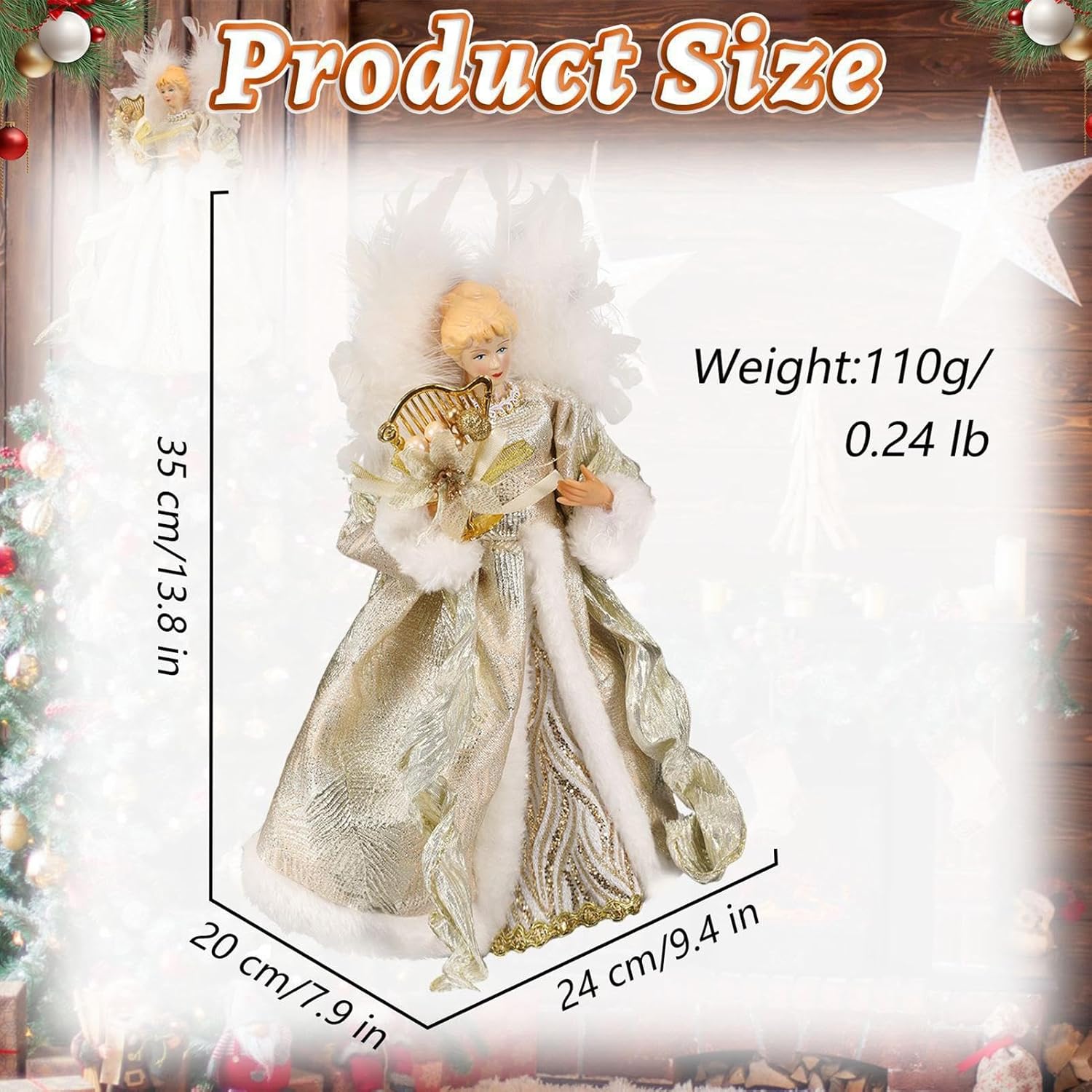 Christmas Tree Angel Topper with White Feather Wings Decorative Ornament