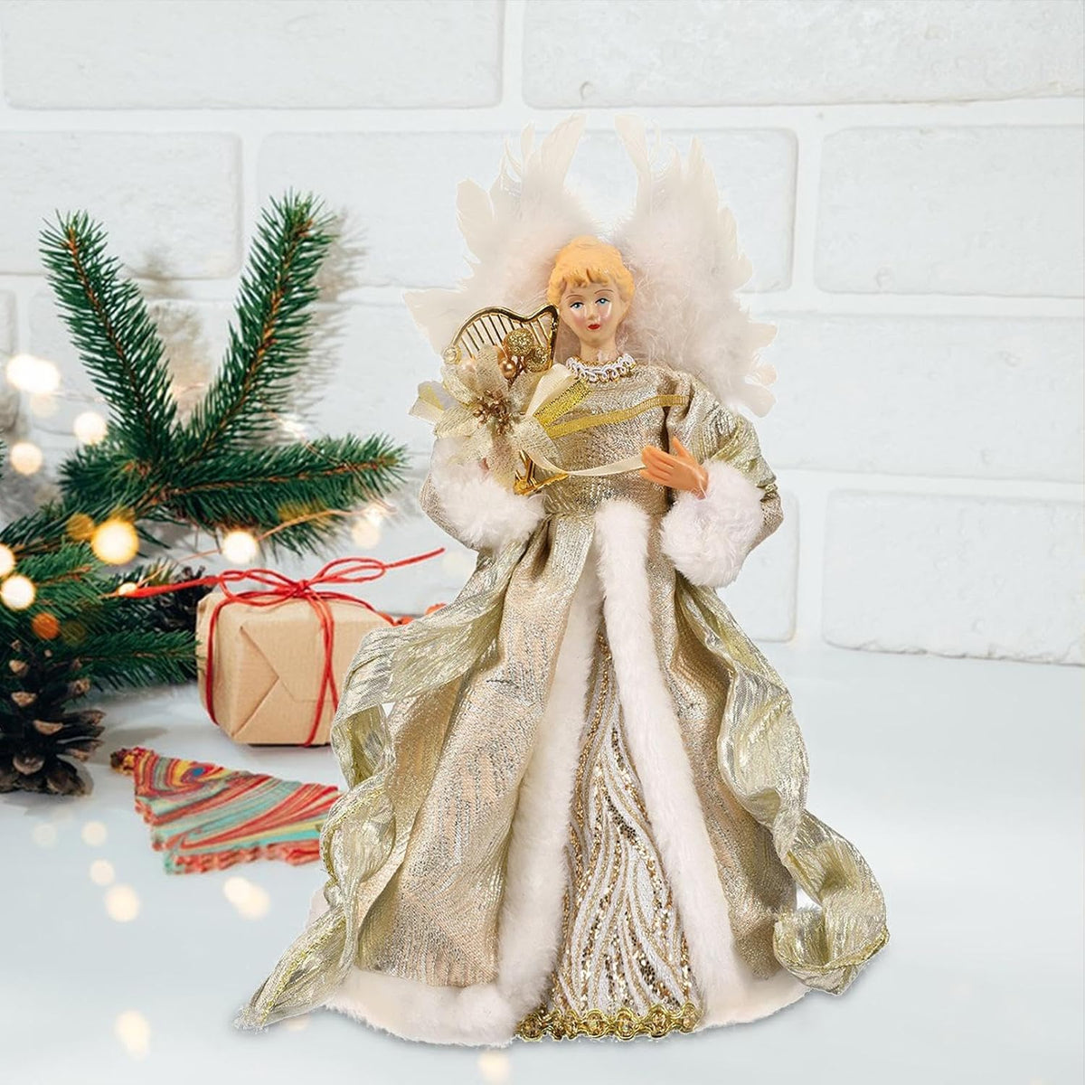 Christmas Tree Angel Topper with White Feather Wings Decorative Ornament