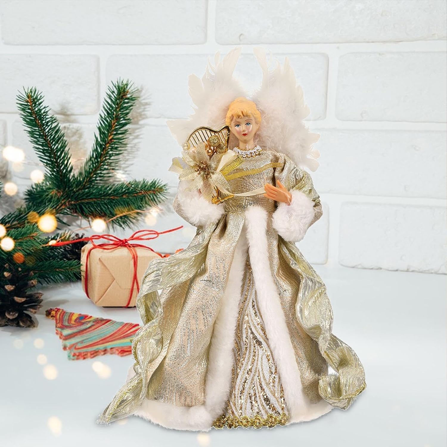 Christmas Tree Angel Topper with White Feather Wings Decorative Ornament