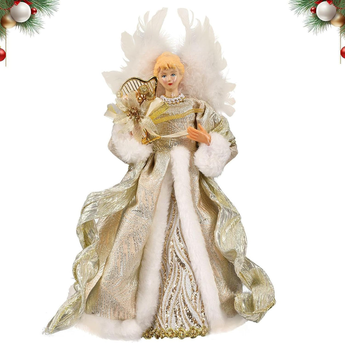 Christmas Tree Angel Topper with White Feather Wings Decorative Ornament