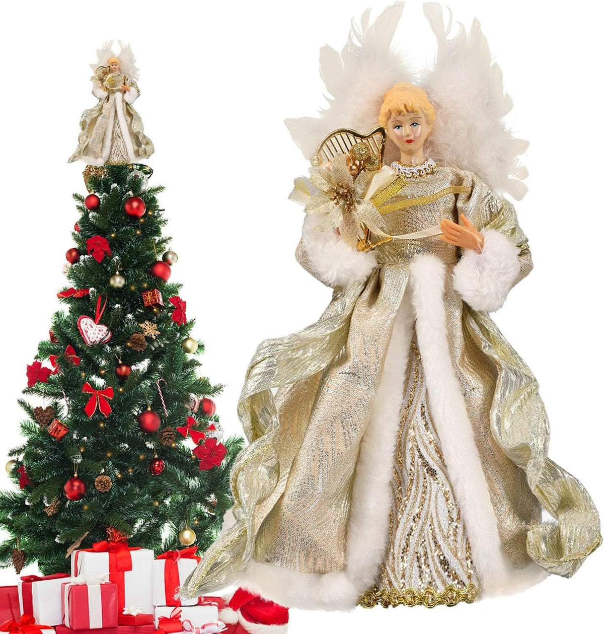 Christmas Tree Angel Topper with White Feather Wings Decorative Ornament