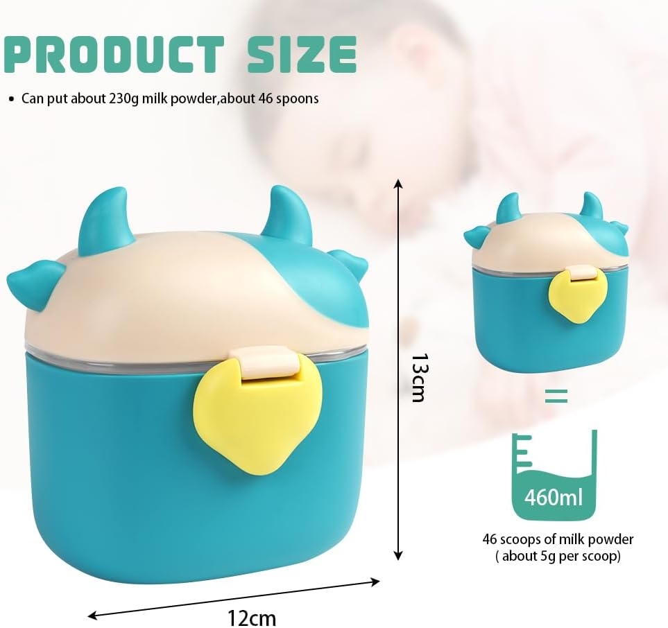 Milk Dispenser Cans, Milk Powder Dosing Box with Spoon, Capacity is about 230g/46 Spoons, Portable Baby Milk Powder Container (Green Calf) Green