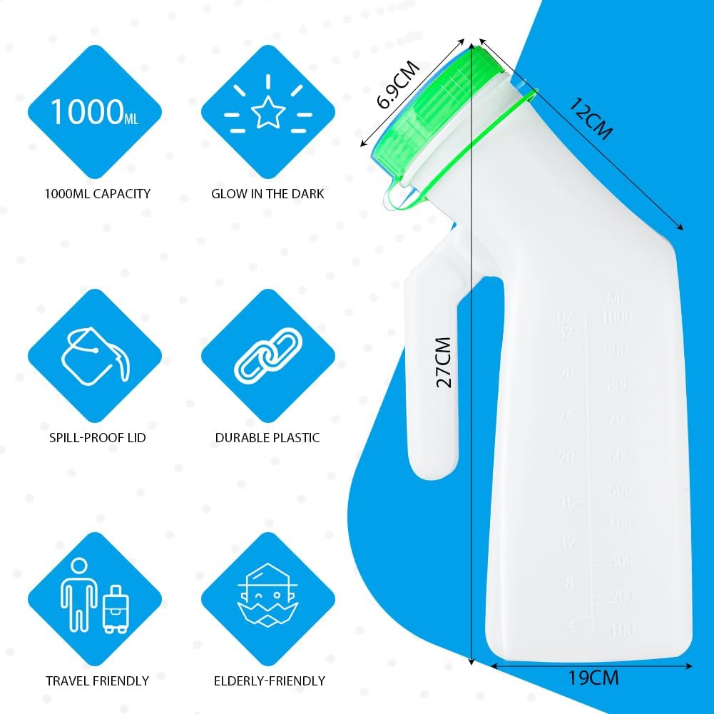 Urinal Bottle for Men, Glow-in-the-Dark 1000ml Pee Bottle for Travel & Incontinence Green