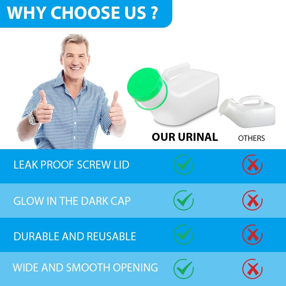 Urinal Bottle for Men, Glow-in-the-Dark 1000ml Pee Bottle for Travel & Incontinence Green