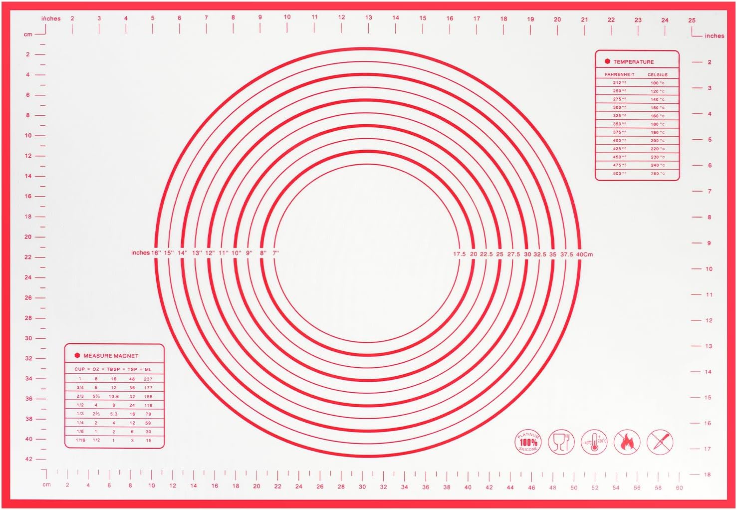 Non-stick rolling pin, 70×50cm silicone rolling pin, non-slip silicone baking mat, food plate, cake mat, cake mat, cake/pizza mat 70*50CM - red