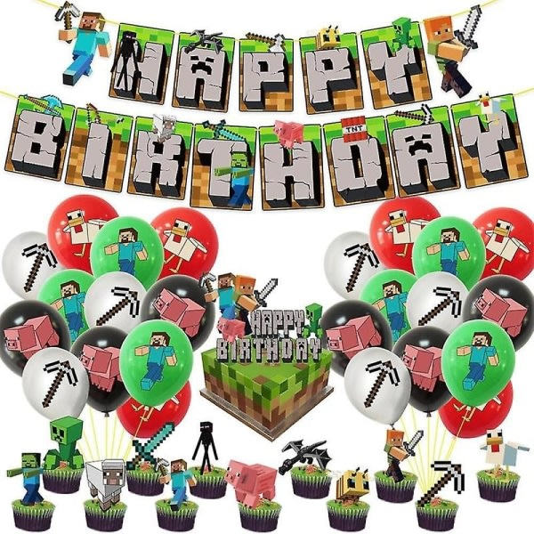 Minecraft Happy Birthday Decoration Set with Banner Pull Flag and Cake Decorations