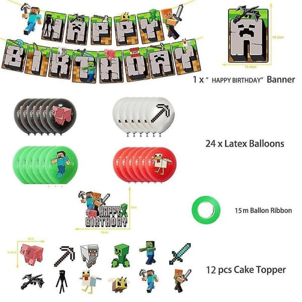Minecraft Happy Birthday Decoration Set with Banner Pull Flag and Cake Decorations