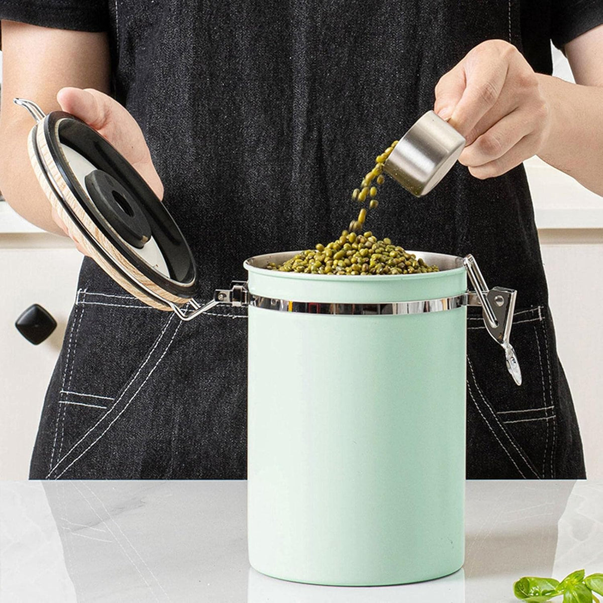 Green Coffee Container with CO2 Valve 1.8L Airtight Storage Jar
