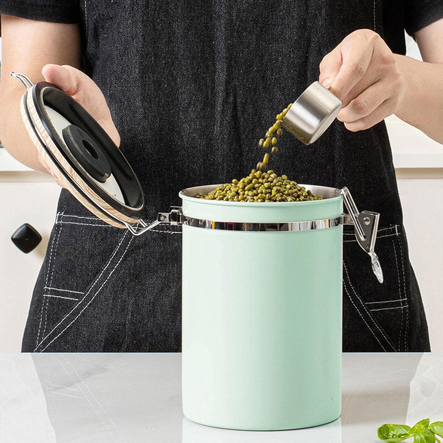 Green Coffee Container with CO2 Valve 1.8L Airtight Storage Jar