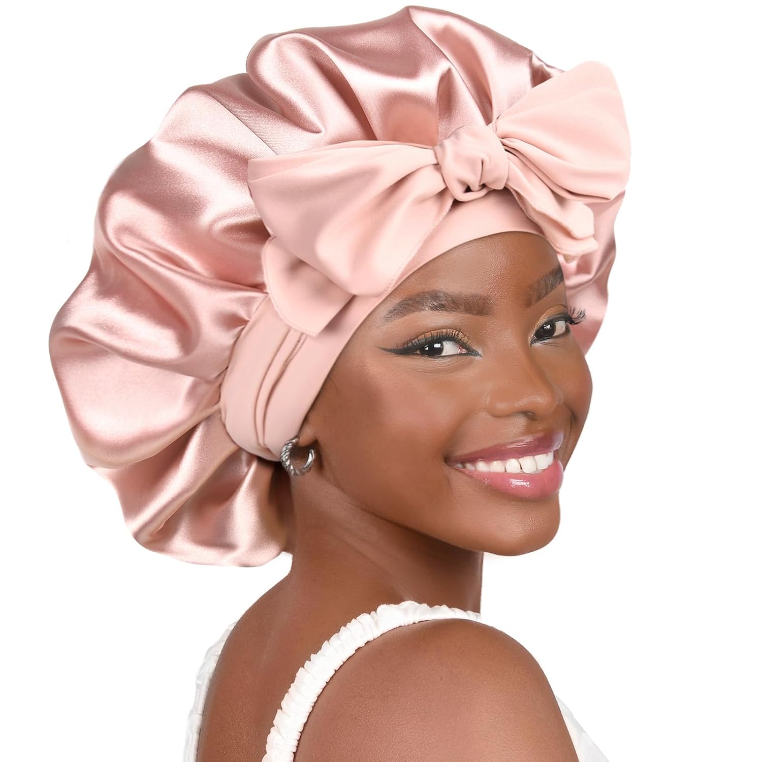 Satin Bonnet Silk Bonnet for Sleep Double Layered Satin Lined Hair Cap with Ties Bonnets for Women Natural Curly Hair Pink