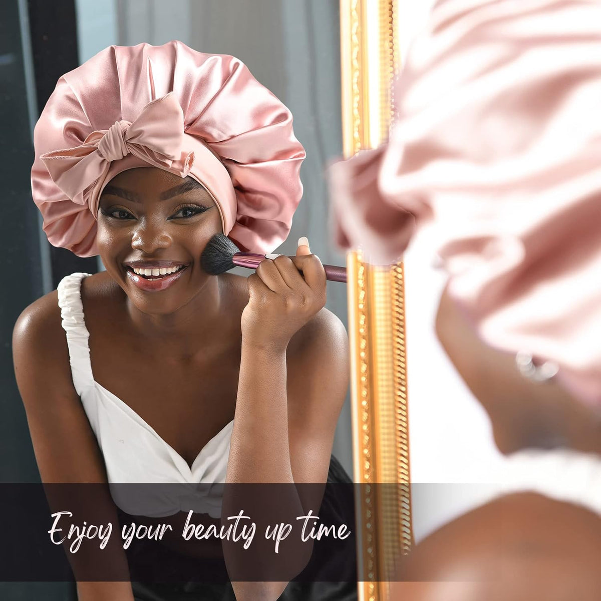 Satin Bonnet Silk Bonnet for Sleep Double Layered Satin Lined Hair Cap with Ties Bonnets for Women Natural Curly Hair Pink