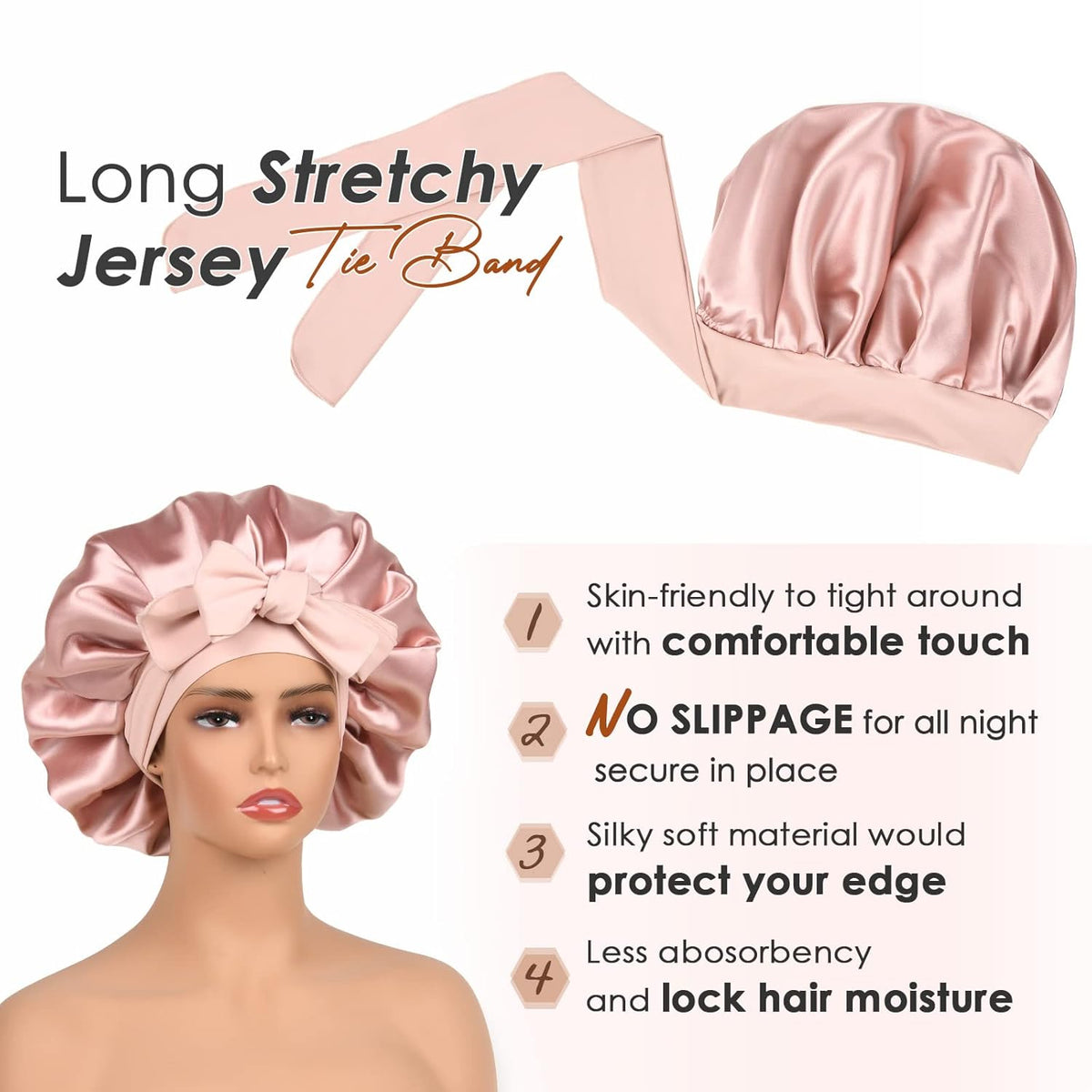 Satin Bonnet Silk Bonnet for Sleep Double Layered Satin Lined Hair Cap with Ties Bonnets for Women Natural Curly Hair Pink