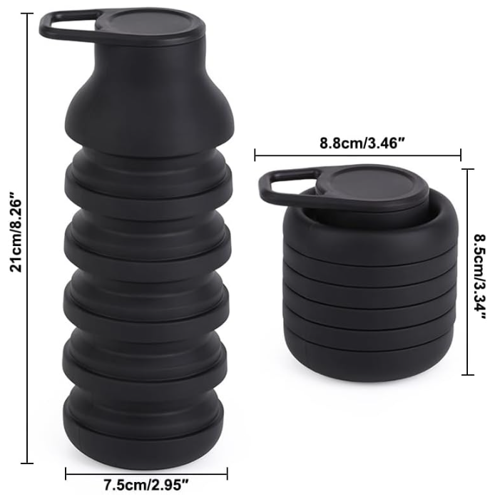 Collapsible Water Bottles, Reusable Water Bottle with Buckle, 600ml Silicone Leakproof Portable Bottle for Gym Camping Hiking Sports Outdoors, Travel Essentials for Flying Cruise Ship, Black