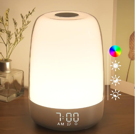 Touch Wake Up Night Light with Sunrise Simulation Alarm Clock, 3 Ways Dimmable Warm White Bedside Lamp for Kid Bedrooms RGB Ambient Table Nightstand Light,Sleep Aid Snooze Timer Mode