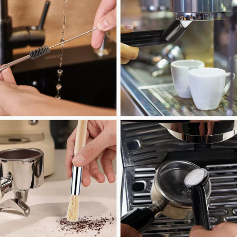 Professional Coffee Machine Cleaning Brush Set | 10-Piece Multifunctional Tool Kit | Includes Long-Handled Spring Brush, Wooden Handle Brush, Cleaning Needle, and Bent Nozzle Brush | Suitable for Deep Cleaning of Coffee Machines, Grinders, and Brewing Hea