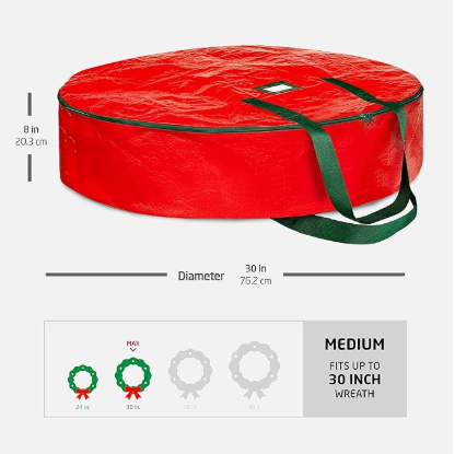 Christmas Wreath Storage Container 30 Inch - Wreath Bag for Artificial Wreaths Box - Dual Zippered Wreaths Storage Bag with Strong Durable Handles - Red
