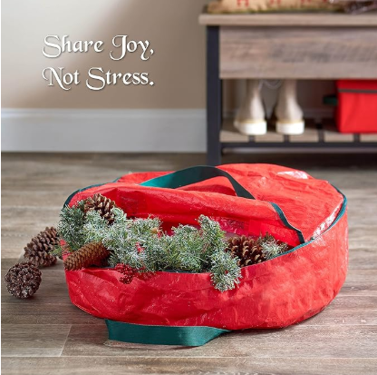 Christmas Wreath Storage Container 36 Inch - Wreath Bag for Artificial Wreaths Box - Dual Zippered Wreaths Storage Bag with Strong Durable Handles - Red