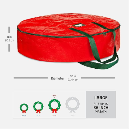 Christmas Wreath Storage Container 36 Inch - Wreath Bag for Artificial Wreaths Box - Dual Zippered Wreaths Storage Bag with Strong Durable Handles - Red