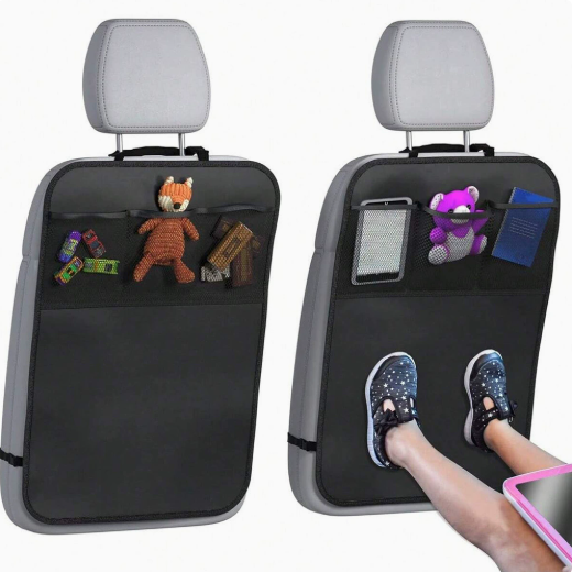 Back Seat Cover For Kids + 3 Pocket Storage Organizer, 2 Pack X-Large Waterproof Kick Mats Backseat Protector, Car Seat Back Protectors For Vehicles To Protect From Dirt, Mud & Scratches