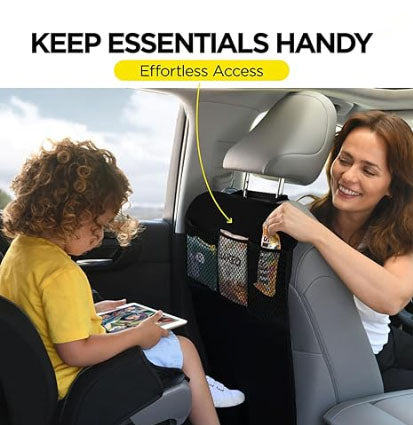 Back Seat Cover For Kids + 3 Pocket Storage Organizer, 2 Pack X-Large Waterproof Kick Mats Backseat Protector, Car Seat Back Protectors For Vehicles To Protect From Dirt, Mud & Scratches