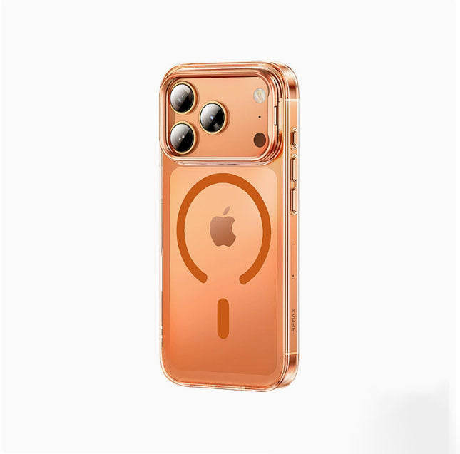 A phone case for iPhone 17 Pro Max with a stand and camera control cover, MagSafe compatible, shockproof magnetic case, and scratch-resistant (orange).