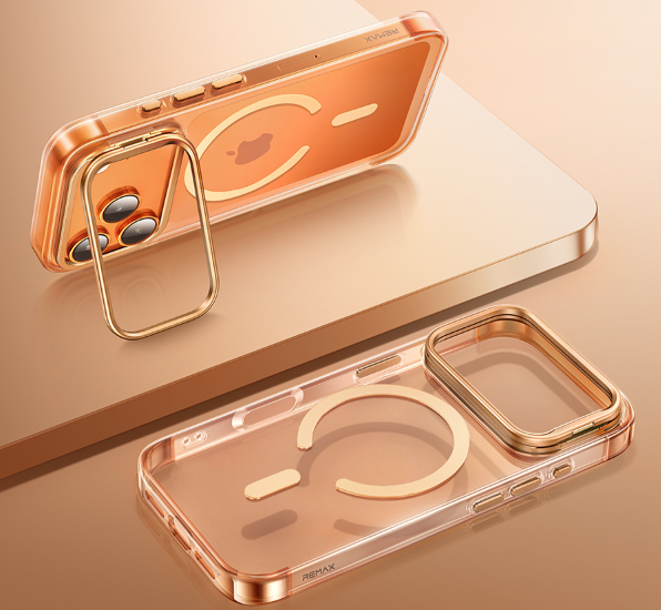 A phone case for iPhone 17 Pro Max with a stand and camera control cover, MagSafe compatible, shockproof magnetic case, and scratch-resistant (orange).